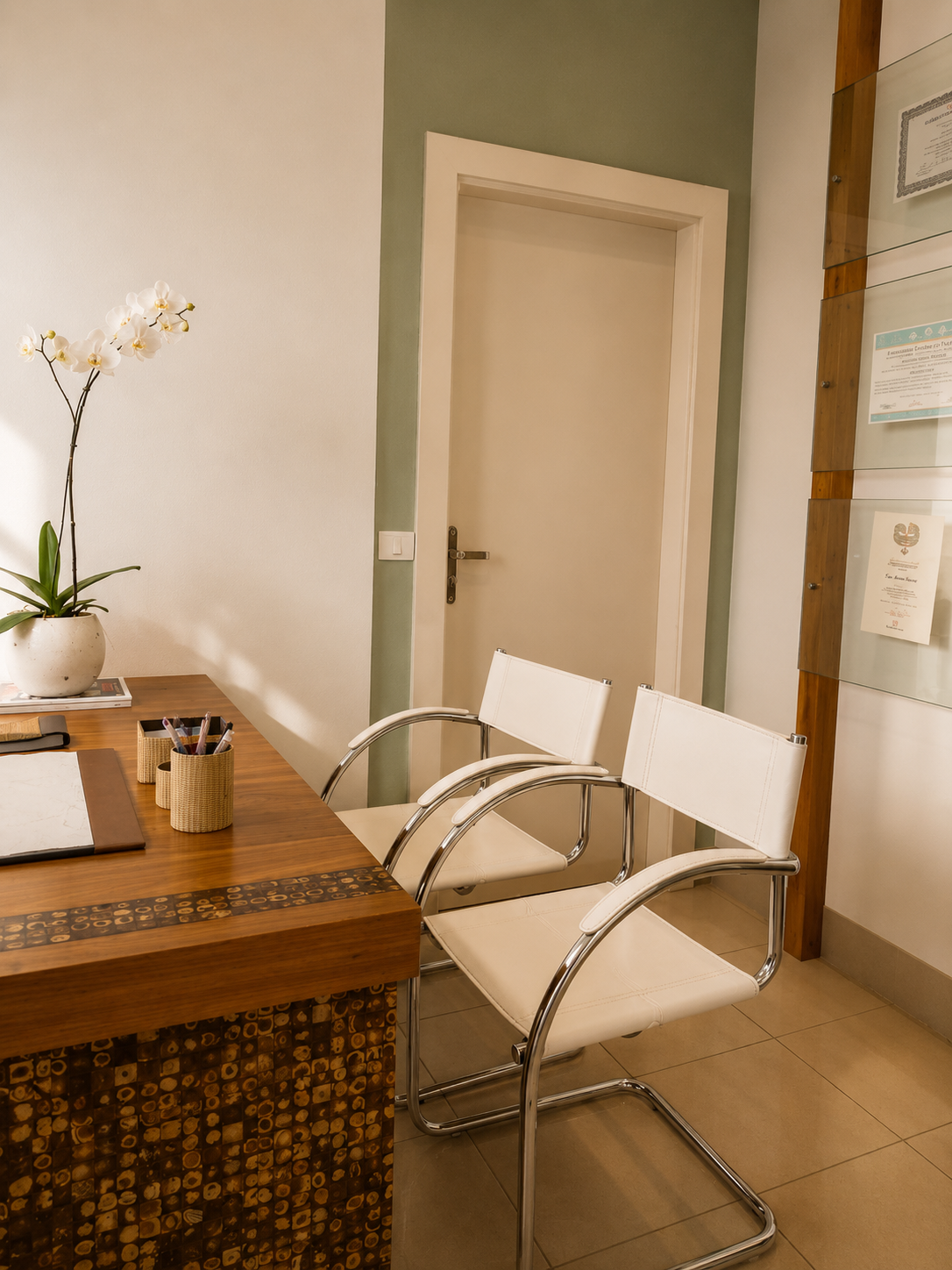 Consultório com mesa e iluminação natural